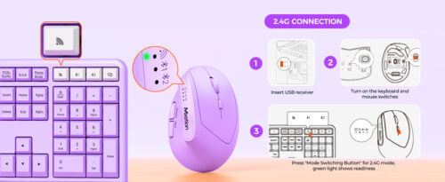 Purple Wireless Dual-mode Ergonomic Keyboard and Mouse Combo
