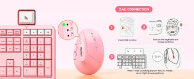 Pink Wireless Dual-mode Ergonomic Keyboard and Mouse Combo