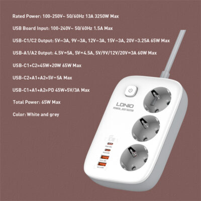 3 AC Outlets 4 USB Power Strip SE3436