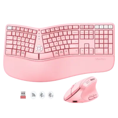 Pink Wireless Dual-mode Ergonomic Keyboard and Mouse Combo