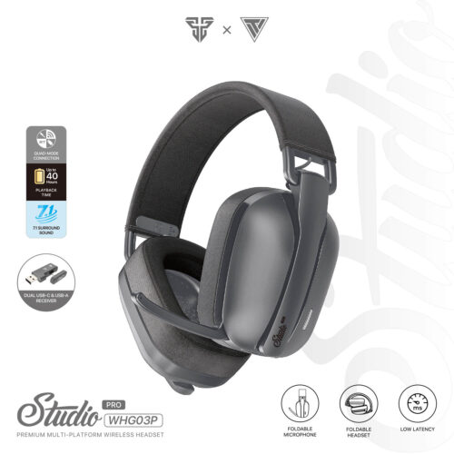 FANTECH STUDIO PRO WHG03 7.1 SURROUND SOUND BLUETOOTH & WIRELESS GAMING HEADSET – GREY WITH USB DONGLE FOR PHONE USAGE